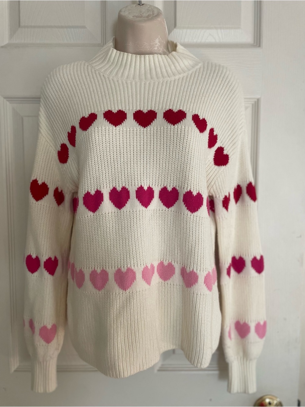 Talbots 
Women's Cream Heart-Pattern Knit Sweater - Pink & Red Hearts